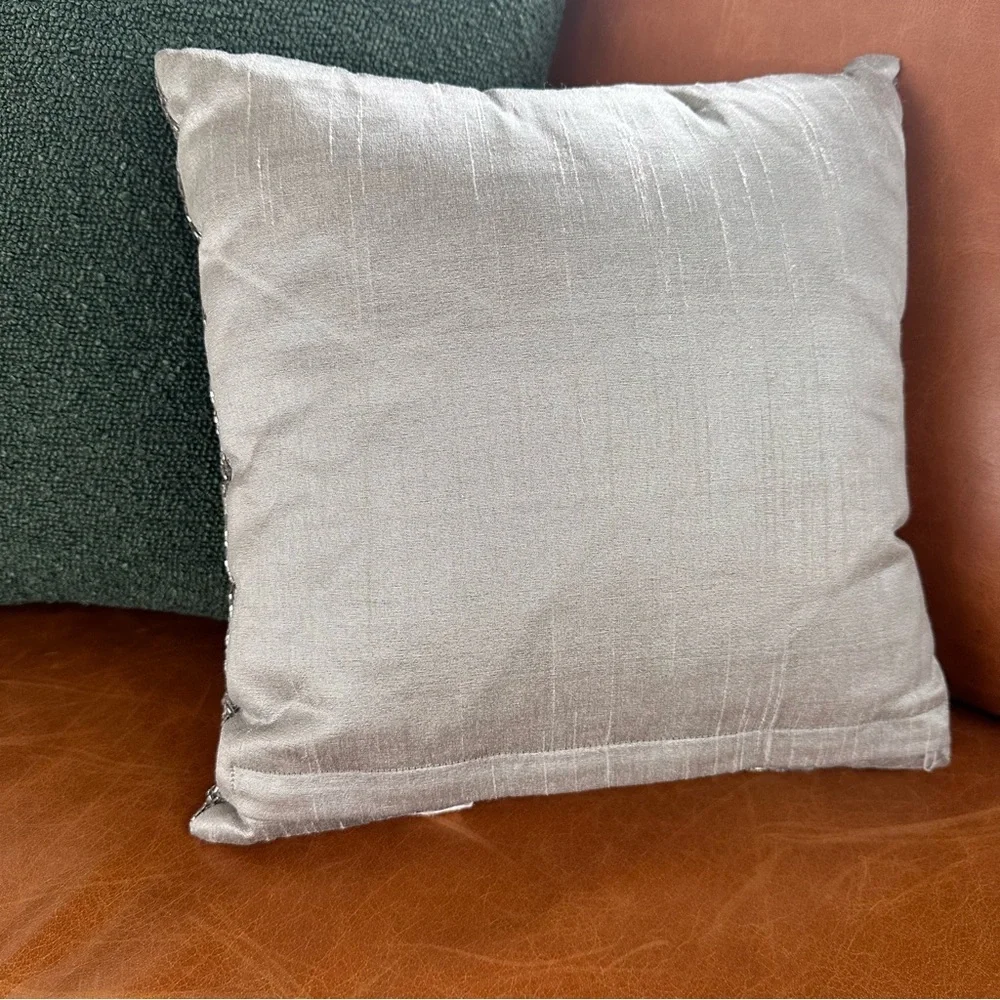Silver Hand Beaded Silk Decorative Throw Pillow Modern 13 x 13 Square Zippered